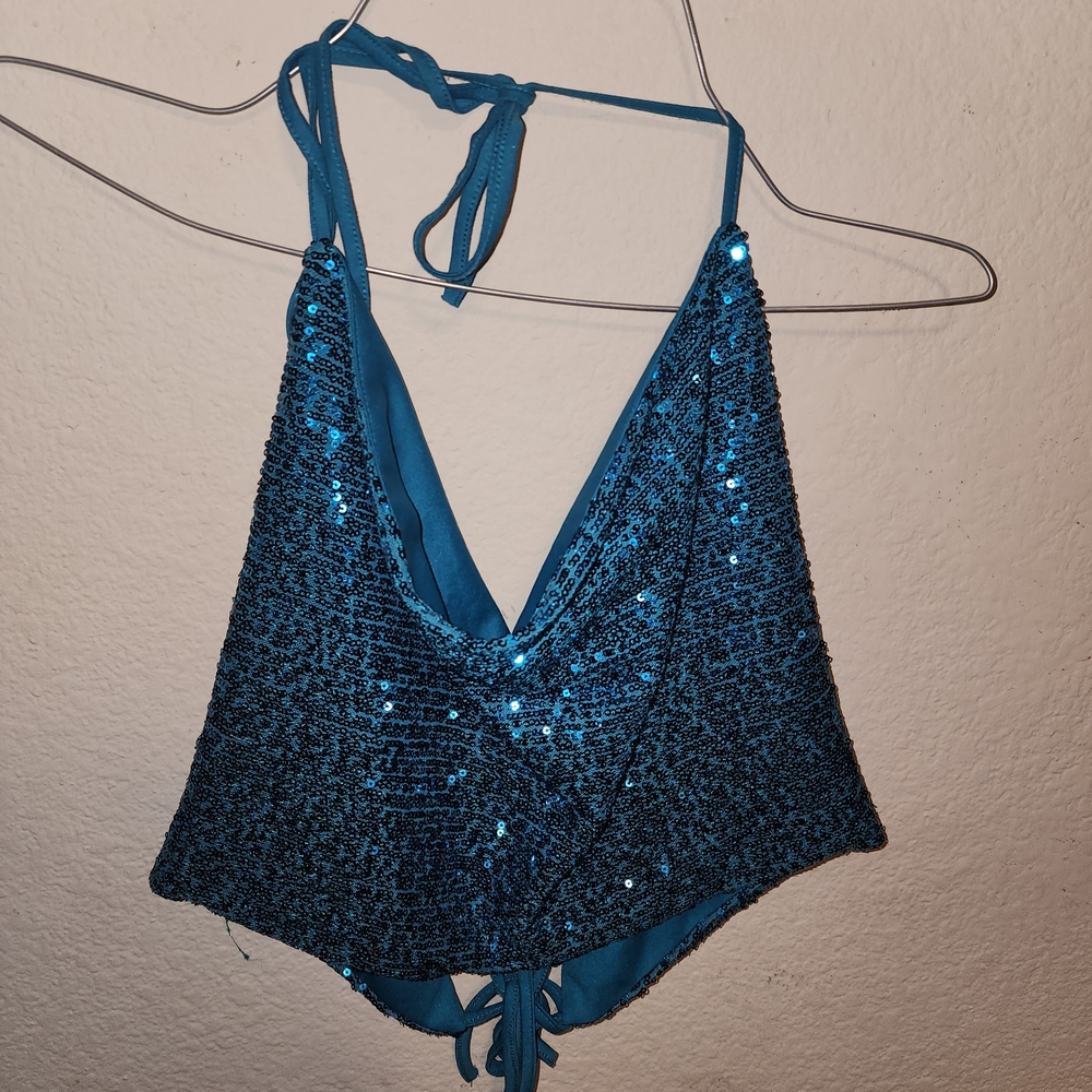 Blue Sequin Halter Top